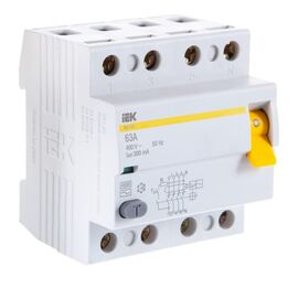  Выключатель IEK ВД1-63 (MDV10-4-063-300) дифф.тока УЗО  63A 300мА AC 4П 400В 4мод белый (упак.:1шт) 
